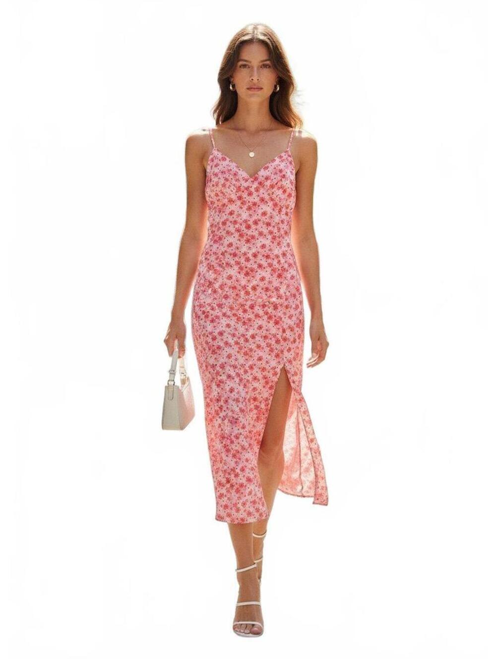 CIDER Women's Small Floral Spaghetti Strap V Neck Side Slit Midi Slip Dress